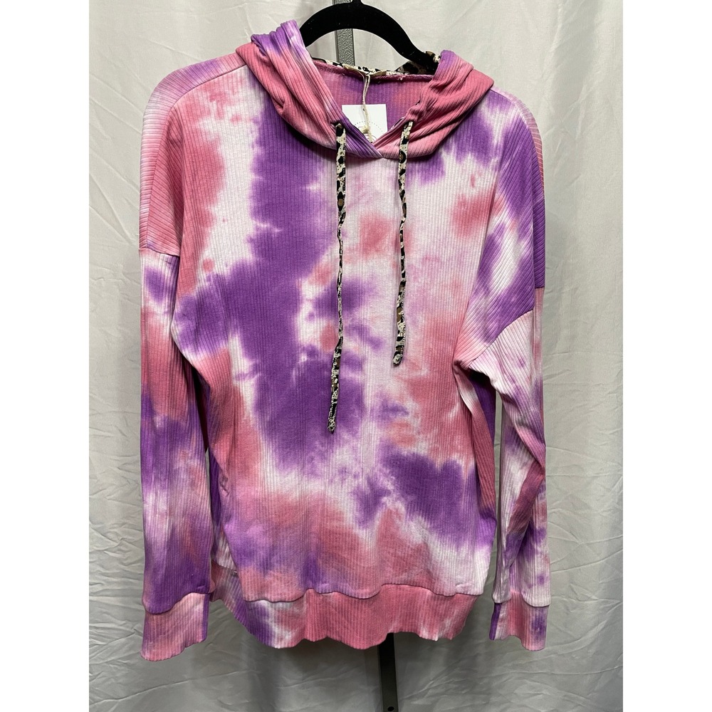 ANDTHEWHY Tie Dye Hoodie Sweatshirt Pink Purple‎ Leopard Trim Size L